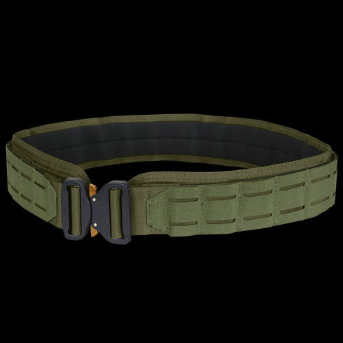 The Condor LCS Cobra Gun Belt in Olive Drab features a black and gold metal buckle, reinforced stitching, and multiple slots along its length.