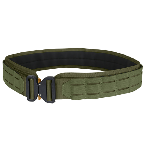 The Condor LCS Cobra Gun Belt in Olive Drab features a black and gold metal buckle, reinforced stitching, and multiple slots along its length.
