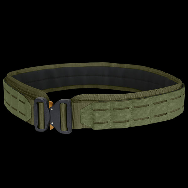The Condor LCS Cobra Gun Belt in Olive Drab features a black and gold metal buckle, reinforced stitching, and multiple slots along its length.