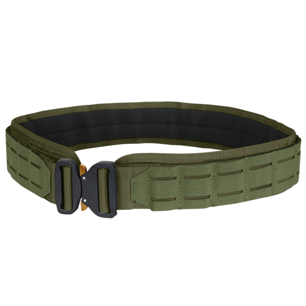 The Condor LCS Cobra Gun Belt in Olive Drab features a black and gold metal buckle, reinforced stitching, and multiple slots along its length.