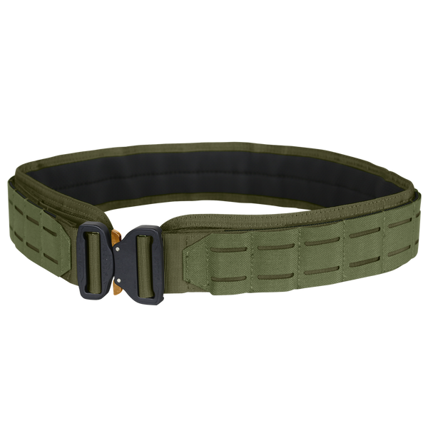 The Condor LCS Cobra Gun Belt in Olive Drab features a black and gold metal buckle, reinforced stitching, and multiple slots along its length.