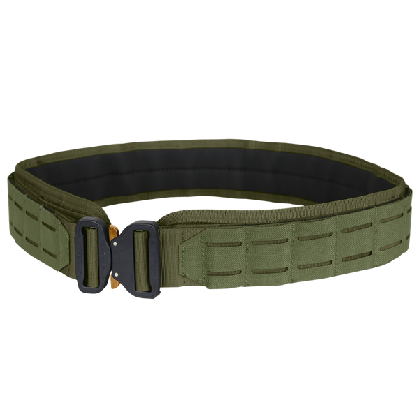 The Condor LCS Cobra Gun Belt in Olive Drab features a black and gold metal buckle, reinforced stitching, and multiple slots along its length.