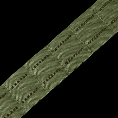 A close-up of the Condor LCS Cobra Gun Belt shows its green nylon strap featuring evenly spaced horizontal slots, similar to MOLLE webbing for tactical or outdoor use.