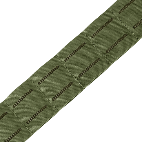 A close-up of the Condor LCS Cobra Gun Belt shows its green nylon strap featuring evenly spaced horizontal slots, similar to MOLLE webbing for tactical or outdoor use.