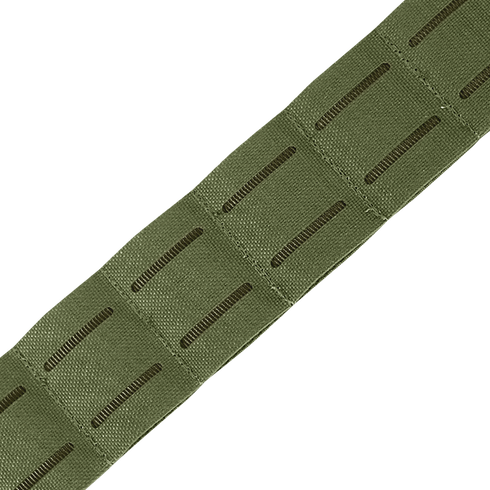 A close-up of the Condor LCS Cobra Gun Belt shows its green nylon strap featuring evenly spaced horizontal slots, similar to MOLLE webbing for tactical or outdoor use.
