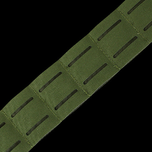 Close-up of the Condor LCS Cobra Gun Belt in MultiCam, featuring a green strap with rectangular cut-out slits in rows for versatile attachment—ideal for military or bushcraft gear.