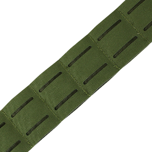 Close-up of the Condor LCS Cobra Gun Belt in MultiCam, featuring a green strap with rectangular cut-out slits in rows for versatile attachment—ideal for military or bushcraft gear.