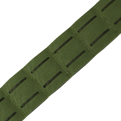 Close-up of the Condor LCS Cobra Gun Belt in MultiCam, featuring a green strap with rectangular cut-out slits in rows for versatile attachment—ideal for military or bushcraft gear.
