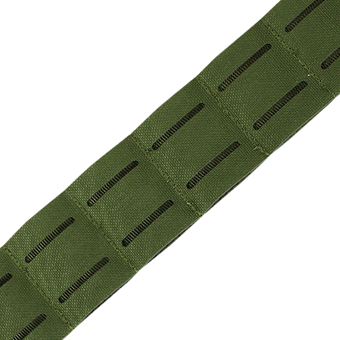 Close-up of the Condor LCS Cobra Gun Belt in MultiCam, featuring a green strap with rectangular cut-out slits in rows for versatile attachment—ideal for military or bushcraft gear.