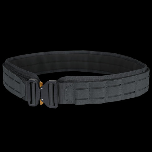 The Condor LCS Cobra Gun Belt features a metal buckle and reinforced, segmented webbing—shown in black on a plain background. Ideal for EDC and trusted by law enforcement and first responders.