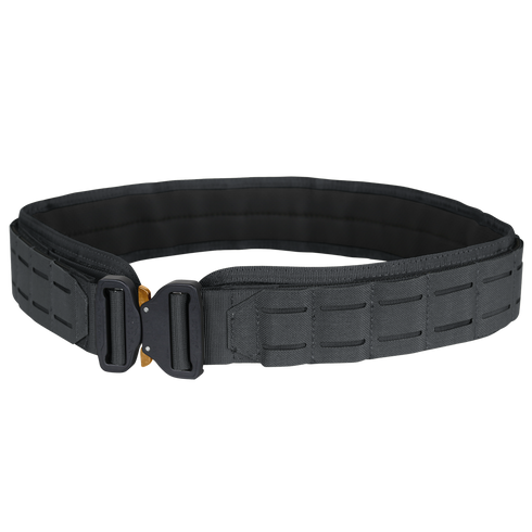 The Condor LCS Cobra Gun Belt features a metal buckle and reinforced, segmented webbing—shown in black on a plain background. Ideal for EDC and trusted by law enforcement and first responders.