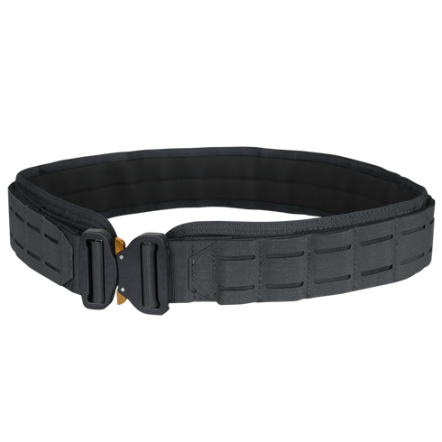 The Condor LCS Cobra Gun Belt features a metal buckle and reinforced, segmented webbing—shown in black on a plain background. Ideal for EDC and trusted by law enforcement and first responders.