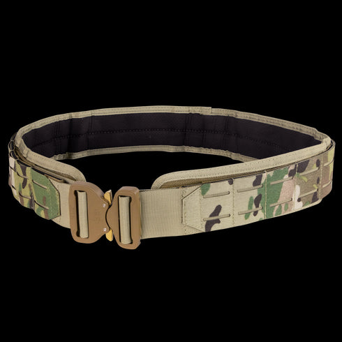The Condor LCS Cobra Gun Belt in MultiCam features a durable metal buckle and camouflage pattern, making it ideal for outdoor or military use.