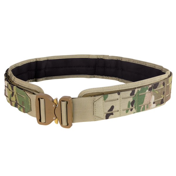 The Condor LCS Cobra Gun Belt in MultiCam features a durable metal buckle and camouflage pattern, making it ideal for outdoor or military use.