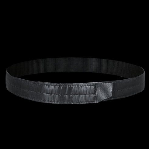 The Condor Inner Belt, a black nylon tactical belt with a hook-and-loop fastener, is shown laid flat in a circular shape against a white background—perfect for EDC or bushcraft.