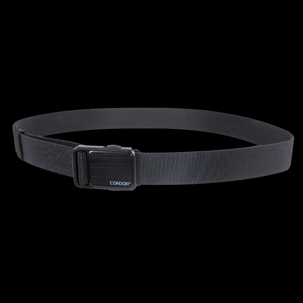 The Condor EDC Belt is a black tactical belt with a metal buckle, displayed against a white backgroundāperfect for military and first responder use.