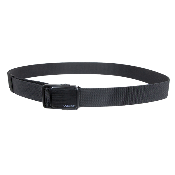 The Condor EDC Belt is a black tactical belt with a metal buckle, displayed against a white backgroundāperfect for military and first responder use.