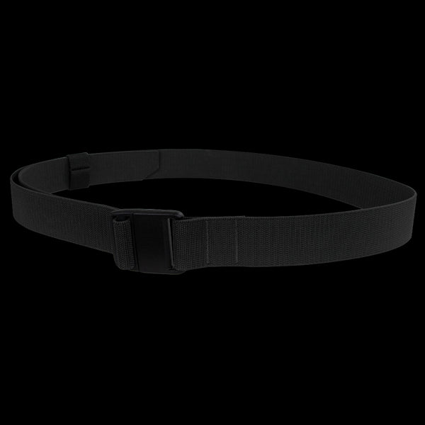 The Condor PDQ Magnetic Belt, featuring a sleek black design and magnetic buckle, is displayed in a circular shape on a white backgroundāperfect for shooting range days or bushcraft outings.