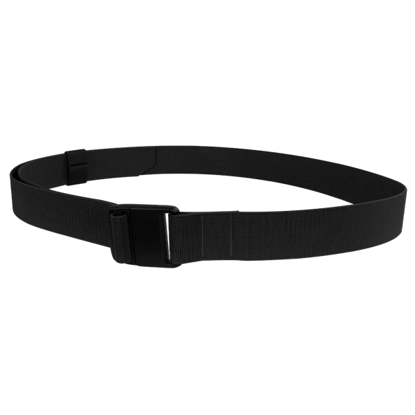 The Condor PDQ Magnetic Belt, featuring a sleek black design and magnetic buckle, is displayed in a circular shape on a white backgroundāperfect for shooting range days or bushcraft outings.