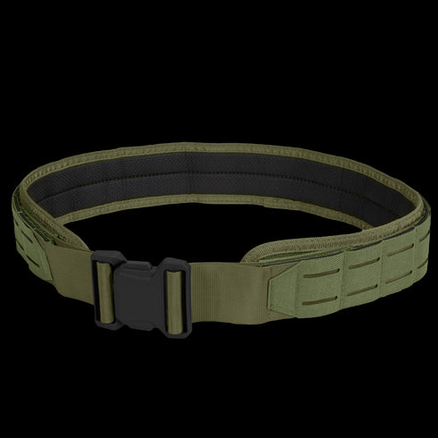 The Condor LCS Vector Belt in Olive Drab features a black buckle and reinforced stitching for enhanced durability and utility.