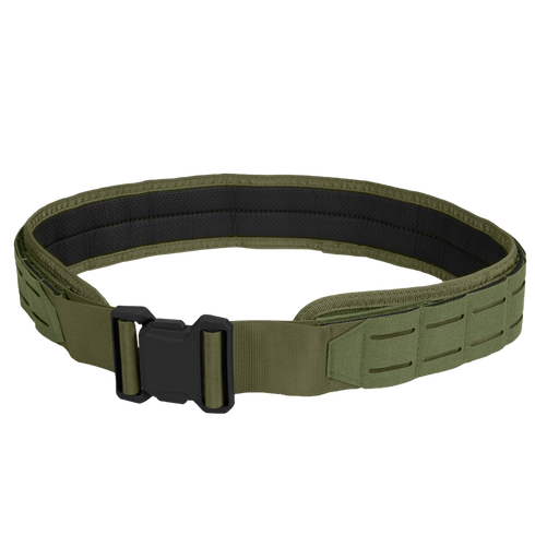 The Condor LCS Vector Belt in Olive Drab features a black buckle and reinforced stitching for enhanced durability and utility.