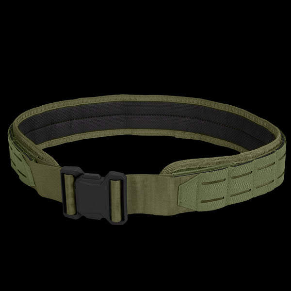 The Condor LCS Vector Belt in Olive Drab features a black buckle and reinforced stitching for enhanced durability and utility.