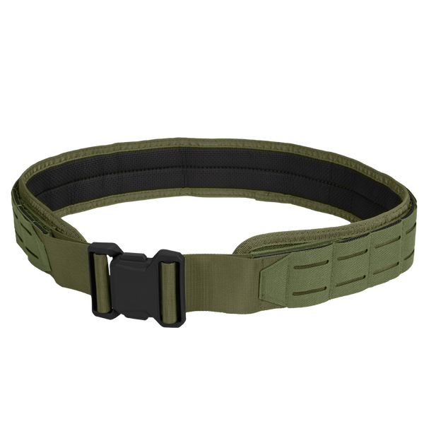 The Condor LCS Vector Belt in Olive Drab features a black buckle and reinforced stitching for enhanced durability and utility.