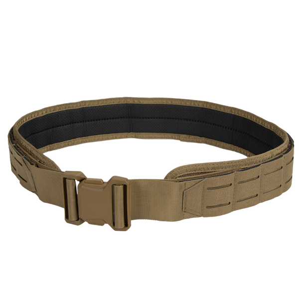 The Condor LCS Vector Belt is a tan tactical belt with a large plastic buckle and MOLLE webbing, designed for carrying gear. Ideal for law enforcement or first responders, it is shown against a white background.