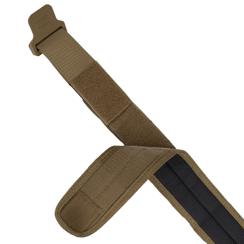 A close-up view of the Condor LCS Vector Belt, a tan fabric strap with adjustable hook-and-loop fasteners, partially unfastened and laid flat—designed for quick, secure gear adjustments by military or first responders.