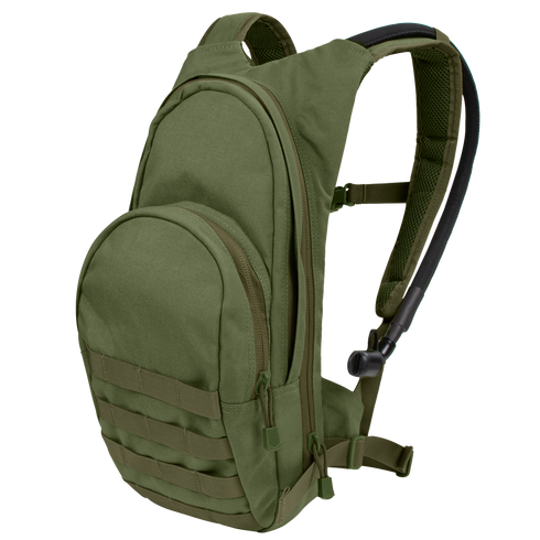 The Condor Hydration Backpack 8L in Olive Drab features two zippered compartments, front MOLLE webbing, padded shoulder straps, and a hydration tube.