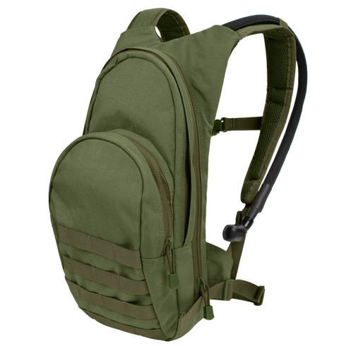 The Condor Hydration Backpack 8L in Olive Drab features two zippered compartments, front MOLLE webbing, padded shoulder straps, and a hydration tube.