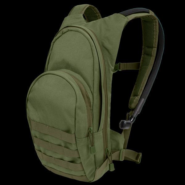 The Condor Hydration Backpack 8L in Olive Drab features two zippered compartments, front MOLLE webbing, padded shoulder straps, and a hydration tube.