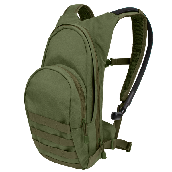 The Condor Hydration Backpack 8L in Olive Drab features two zippered compartments, front MOLLE webbing, padded shoulder straps, and a hydration tube.