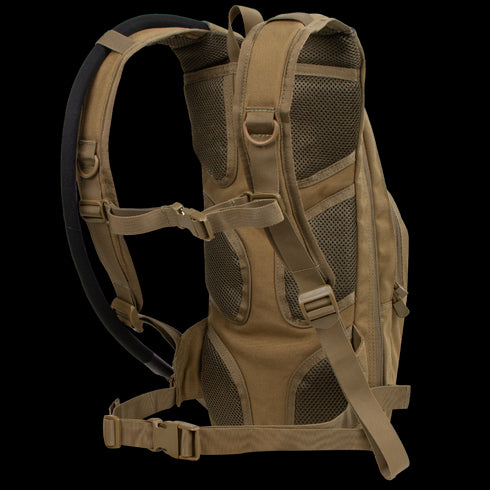 The Condor Hydration Backpack 8L in brown and black is shown from the side, featuring padded shoulder straps, mesh back panels, and adjustable sternum and waist straps.