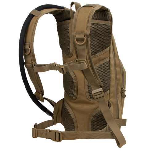 The Condor Hydration Backpack 8L in brown and black is shown from the side, featuring padded shoulder straps, mesh back panels, and adjustable sternum and waist straps.
