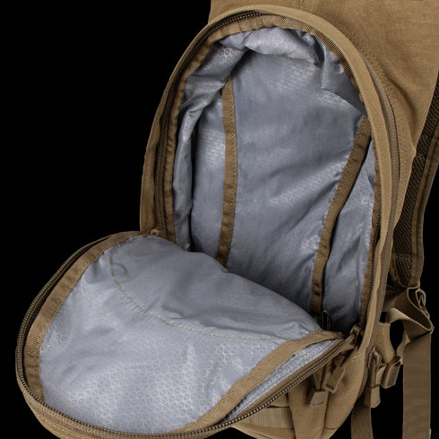 The Hydration Backpack 8L by Condor is open, displaying its brown exterior and grey patterned interior, revealing the main compartment and part of the zipper.