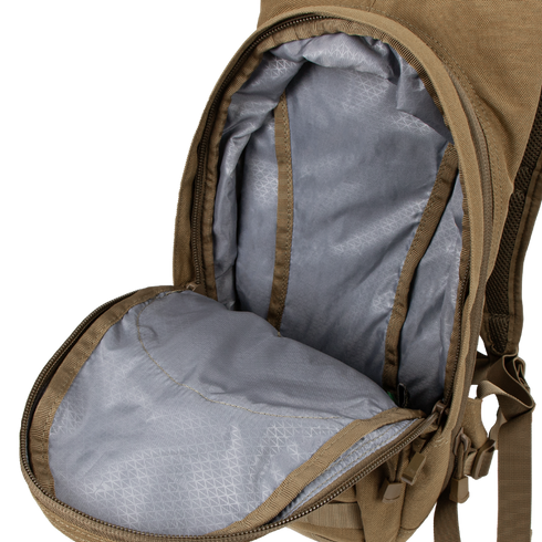 The Hydration Backpack 8L by Condor is open, displaying its brown exterior and grey patterned interior, revealing the main compartment and part of the zipper.