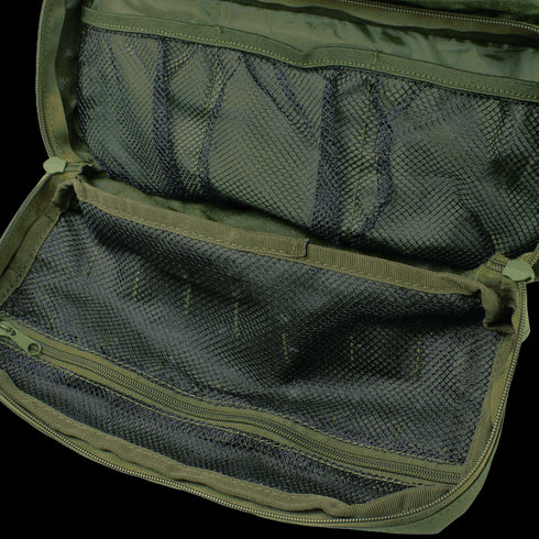 Open Condor 3-Day Assault Backpack 50L to reveal multiple mesh zippered and pocket compartments inside.