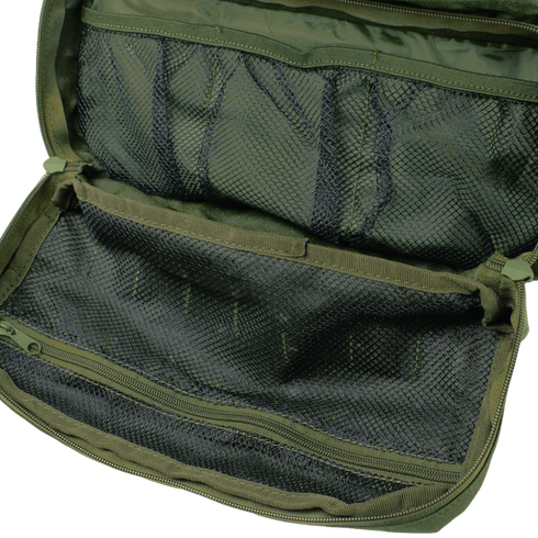 Open Condor 3-Day Assault Backpack 50L to reveal multiple mesh zippered and pocket compartments inside.