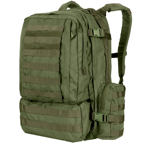 The Condor 3-Day Assault Backpack 50L in Olive Drab features multiple compartments, zippered pockets, adjustable straps, and MOLLE webbing for gear attachment.