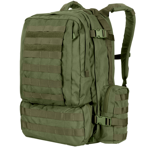 The Condor 3-Day Assault Backpack 50L in Olive Drab features multiple compartments, zippered pockets, adjustable straps, and MOLLE webbing for gear attachment.