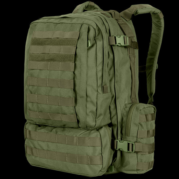 The Condor 3-Day Assault Backpack 50L in Olive Drab features multiple compartments, zippered pockets, adjustable straps, and MOLLE webbing for gear attachment.