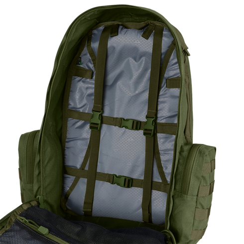 The Condor 3-Day Assault Backpack 50L is open, displaying interior straps and buckles for securing items, a light gray lining, and a mesh pocket visible on the left side.