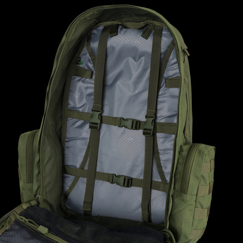 The Condor 3-Day Assault Backpack 50L in Scorpion OCP features internal straps and buckles for securing gear, plus a mesh pocket—ideal for first responders or law enforcement.