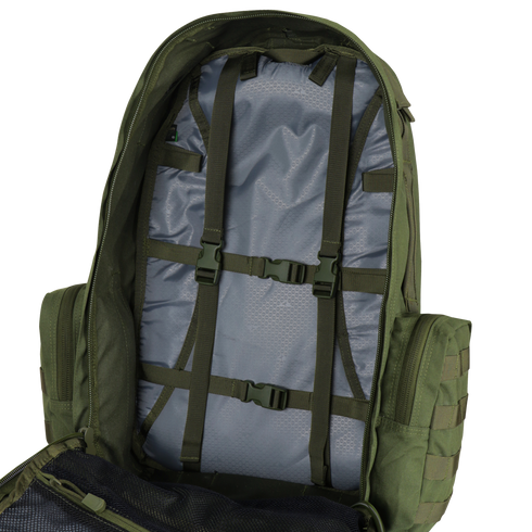 The Condor 3-Day Assault Backpack 50L in Scorpion OCP features internal straps and buckles for securing gear, plus a mesh pocket—ideal for first responders or law enforcement.