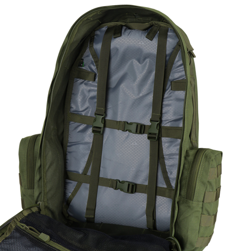 The Condor 3-Day Assault Backpack 50L in Scorpion OCP features internal straps and buckles for securing gear, plus a mesh pocket—ideal for first responders or law enforcement.