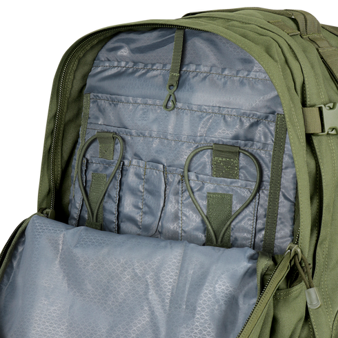 Open Condor 3-Day Assault Backpack 50L in Scorpion OCP reveals interior compartments with elastic loops, pockets, and a zippered section for organizing first responder gear.