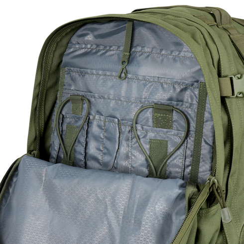 Open Condor 3-Day Assault Backpack 50L in Scorpion OCP reveals interior compartments with elastic loops, pockets, and a zippered section for organizing first responder gear.