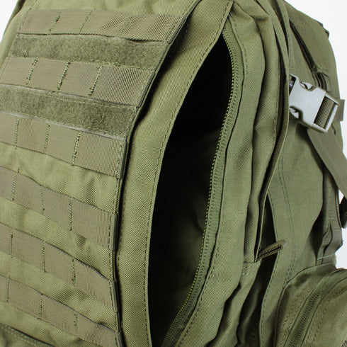 Close-up of the Condor 3-Day Assault Backpack 50L in Scorpion OCP, featuring MOLLE webbing, a plastic buckle, visible main compartment, and exterior straps—ideal for military or first responder use.