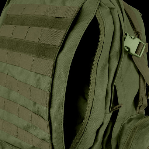 Close-up of the Condor 3-Day Assault Backpack 50L, featuring green exterior MOLLE webbing and a partially unzipped main compartment.